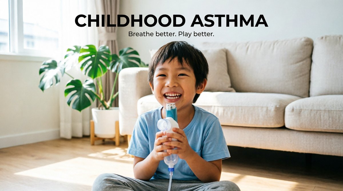 Child smiling while using a nebulizer for asthma