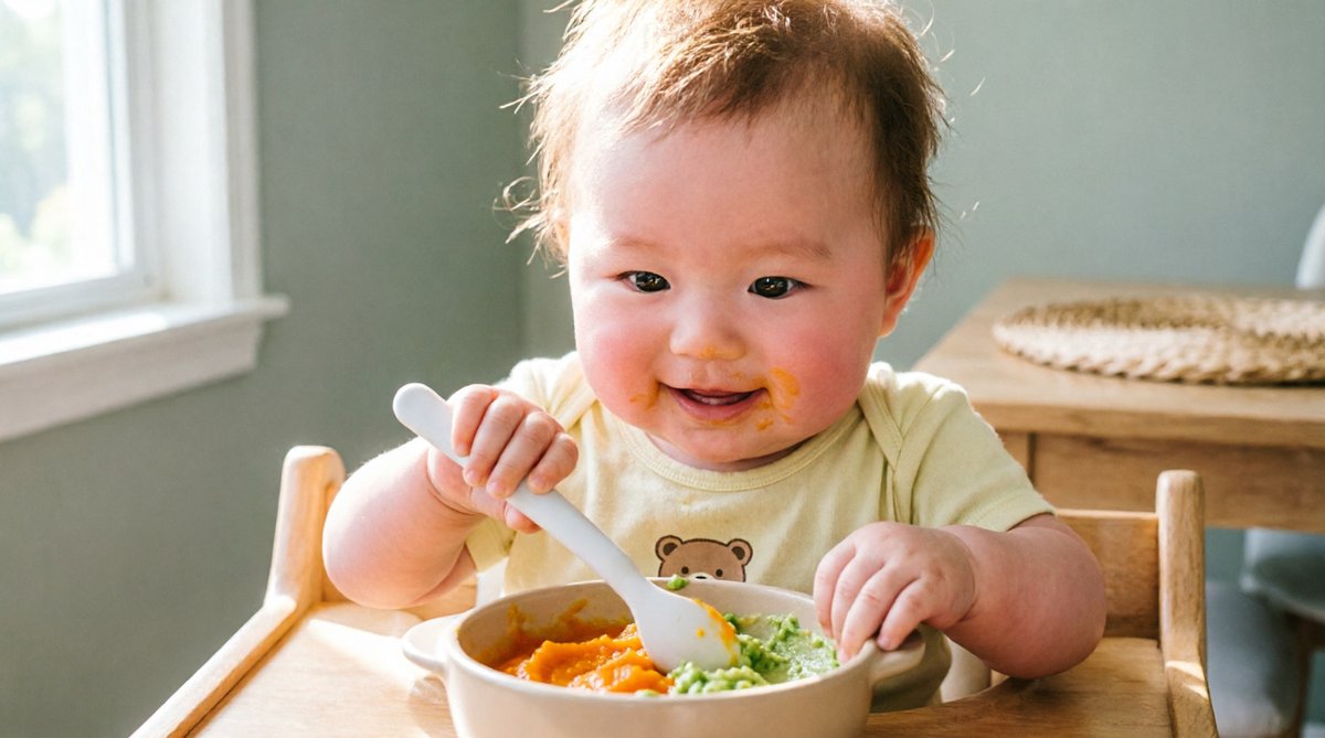 Baby happily eating pureed solid food from a bowl during complementary feeding
