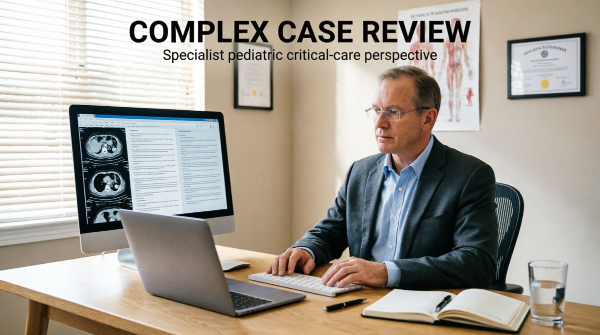 Pediatric specialist reviewing complex case imaging and notes