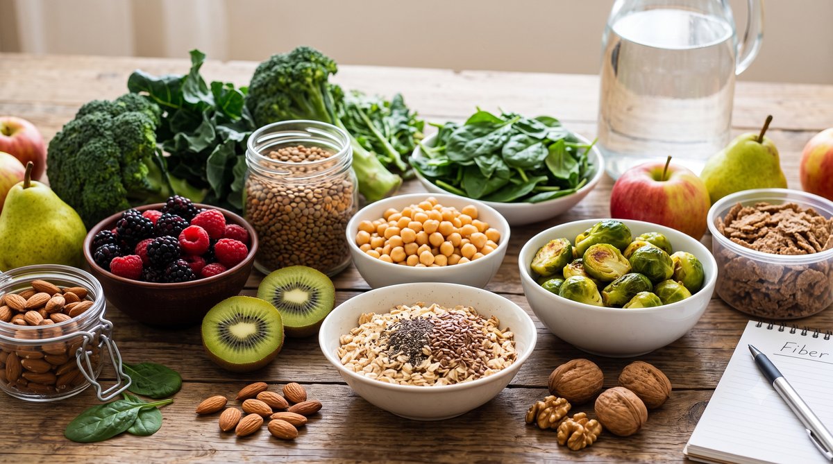 High-fiber foods for children: fruits, vegetables, lentils, oats, nuts and water