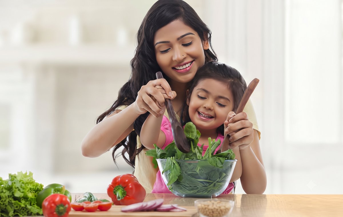 Mother and young daughter mixing a fresh spinach salad together in the kitchen