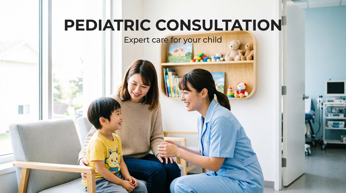 Pediatrician consulting with a mother and child in a clinic