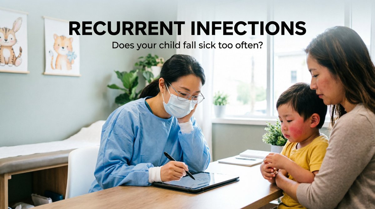 Doctor reviewing a child's recurrent infection history with mother