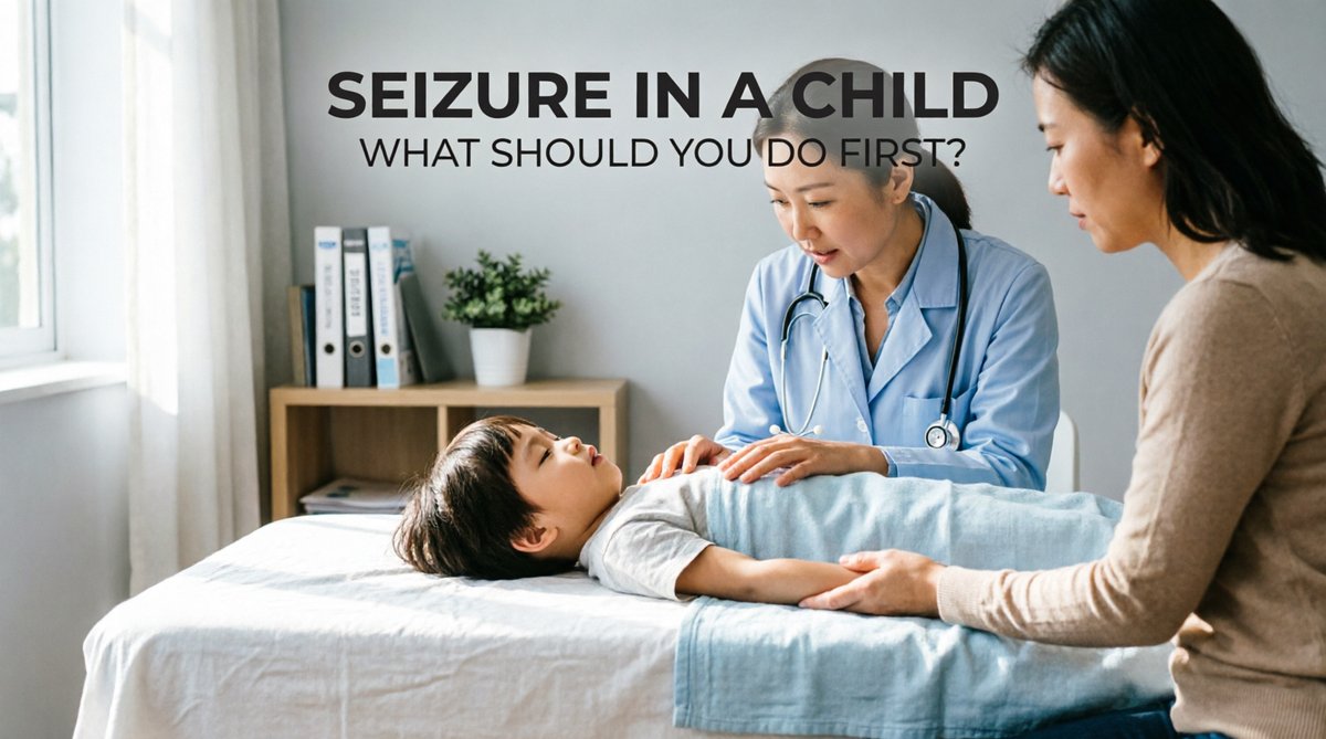 Doctor examining a child resting after a seizure, with mother present