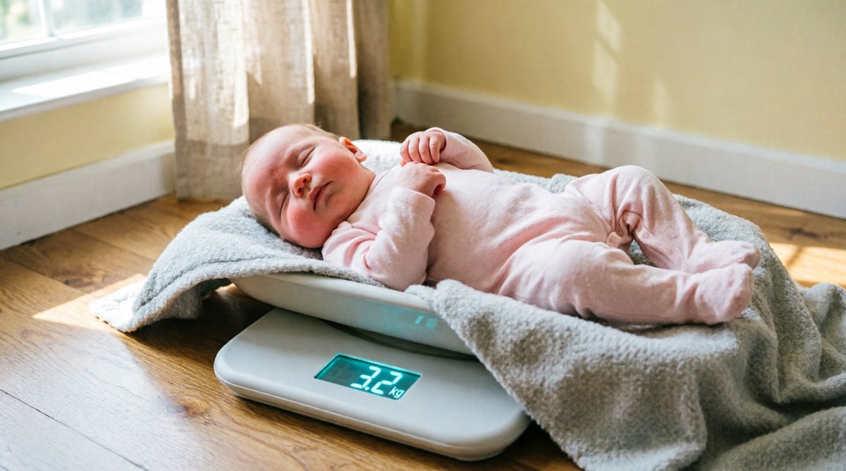 Sleeping baby being weighed on a digital baby scale at home