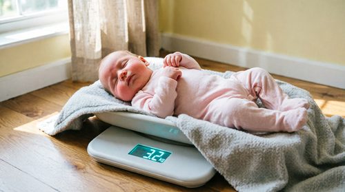 Sleeping baby being weighed on a digital baby scale at home