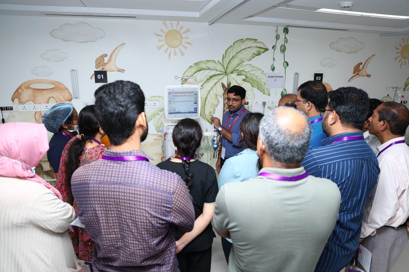 Dr. Suchit Jogu leading a PICU equipment tour for visiting pediatricians at KIMS Cuddles, Kompally
